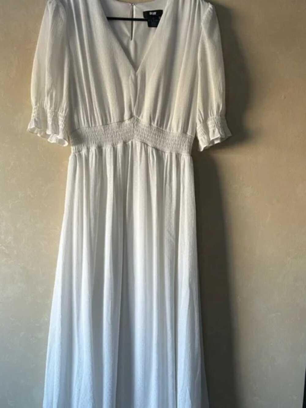 DKNY White Midi Dress – Smocked Waist | Puff Sleeves | Size 6
